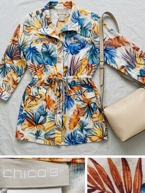 Chico’s 1 (8/10) 100% Linen Utility Jacket Tropical Anorak Drawstring Waist Boho